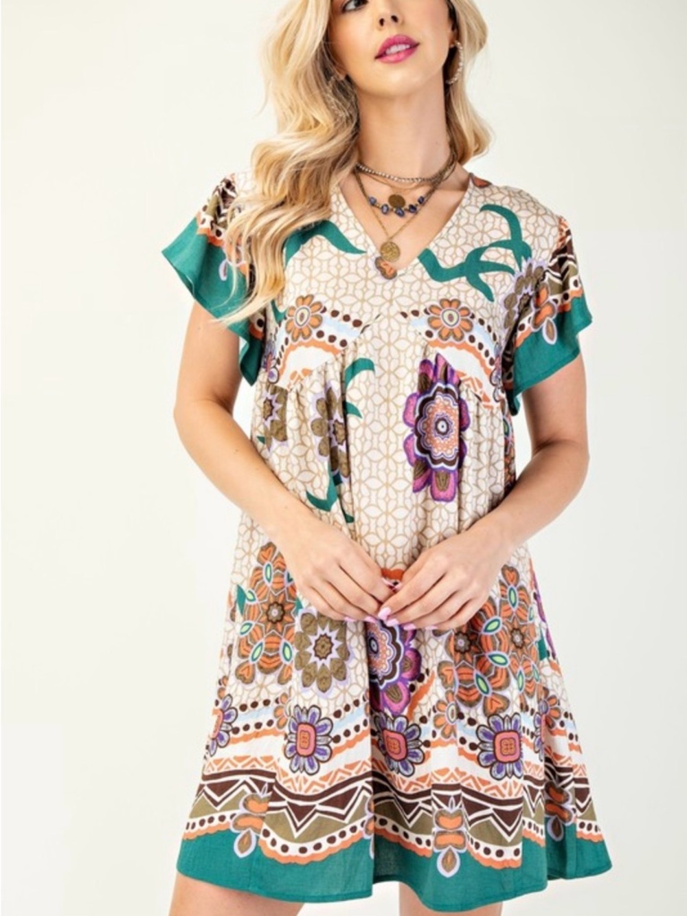 Printed V-Neck Short Sleeve Midi Dress in Teal Multi